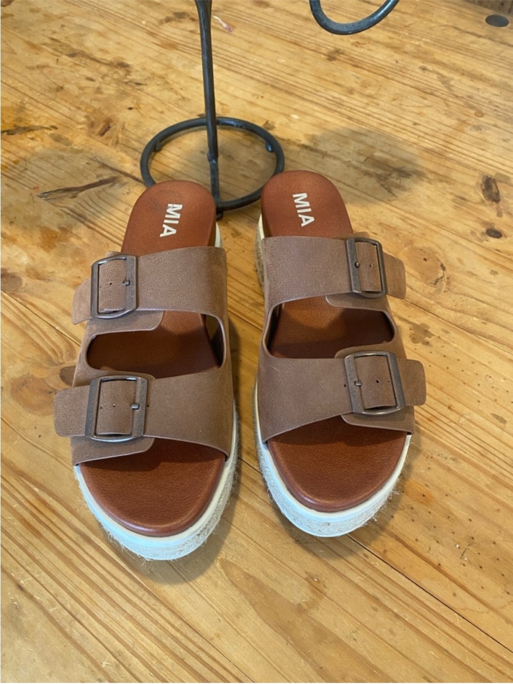 MIA Brown Double-Buckle Platform Slide Sandals with White Espadrille Sole